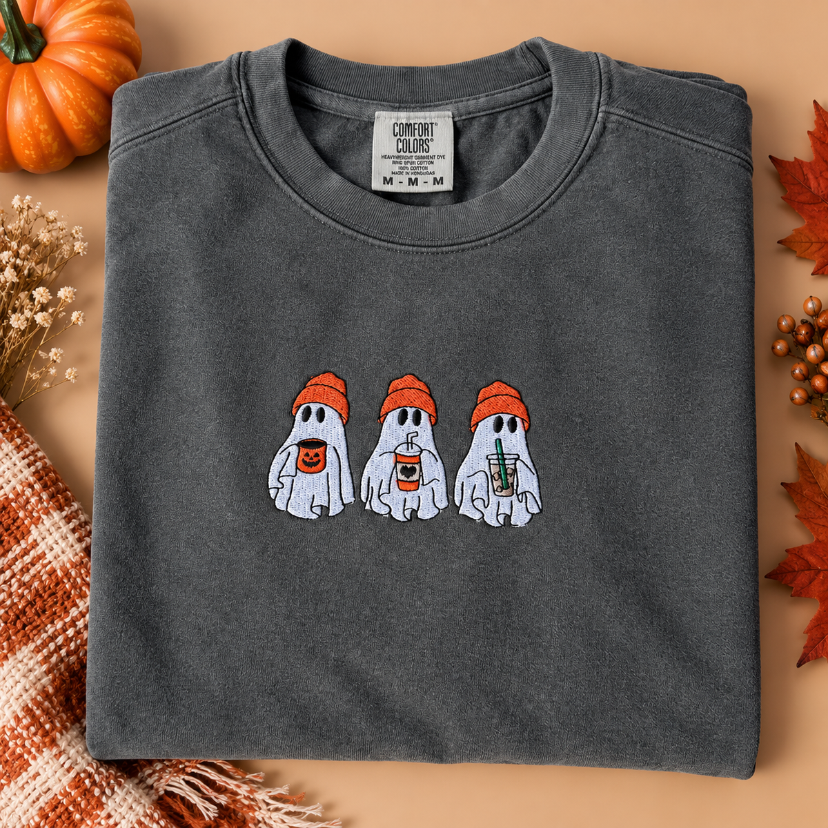 Adult Ghost Trio Embroidered Comfort Colors Crewneck Sweatshirt - Pepper