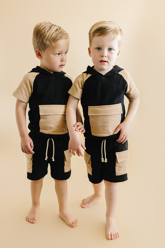 Terry Cargo Shorts Set | Black & Tan