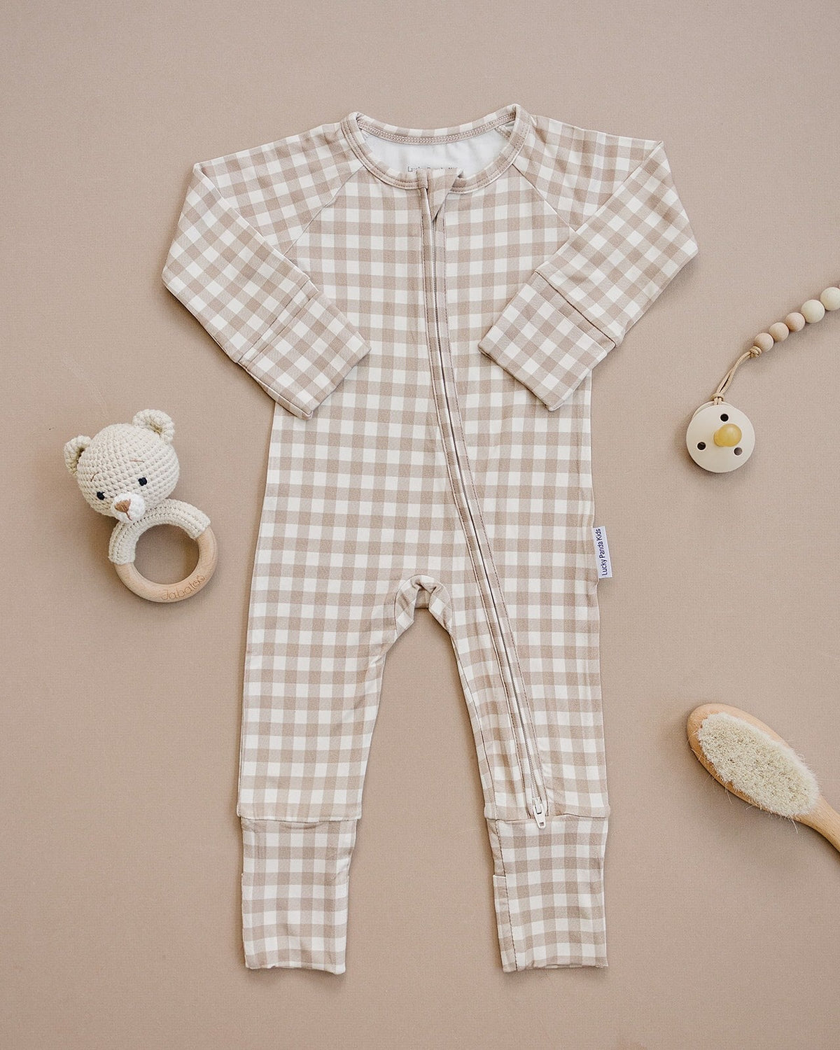 Bamboo Zip Romper | Beige Gingham