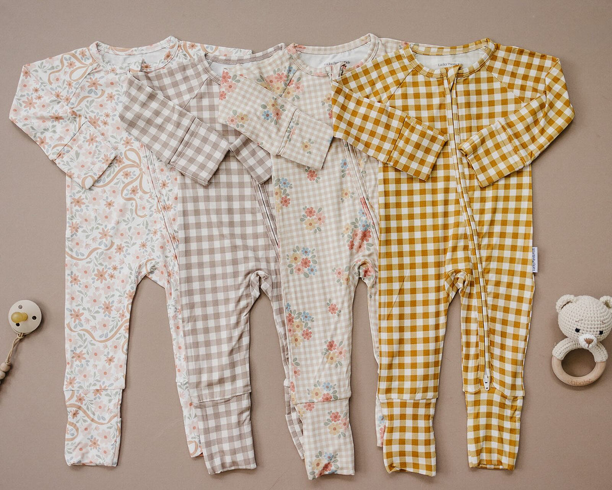 Bamboo Zip Romper | Beige Gingham