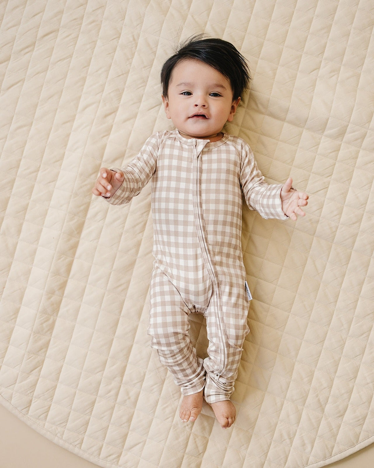 Bamboo Zip Romper | Beige Gingham