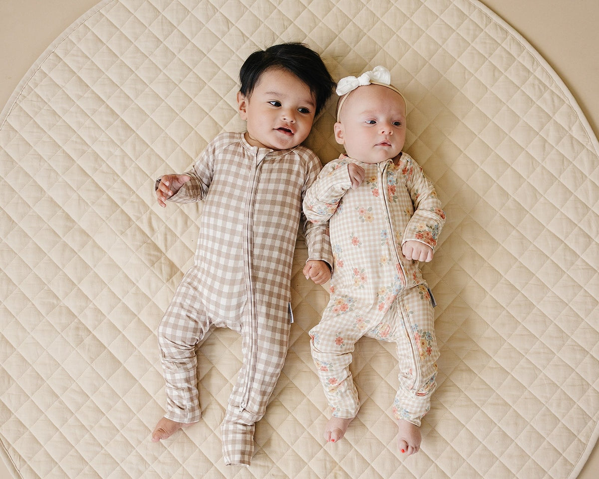 Bamboo Zip Romper | Beige Gingham