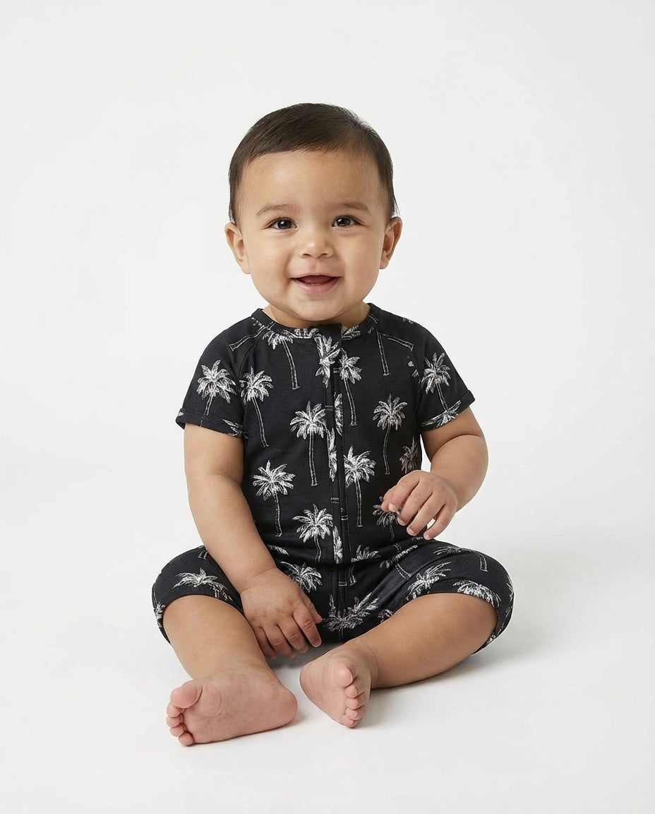Bamboo Shorty Romper  | Palm Style Black